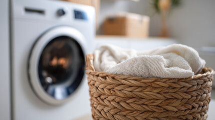 Obraz premium Woven laundry basket filled with soft white towels placed next to a modern front-loading washing machine in a bright and cozy laundry room interior