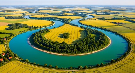 Serpentine River Meandering Through Golden Fields.