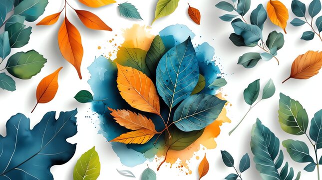 Autumn leaves and watercolor splashes on a white background