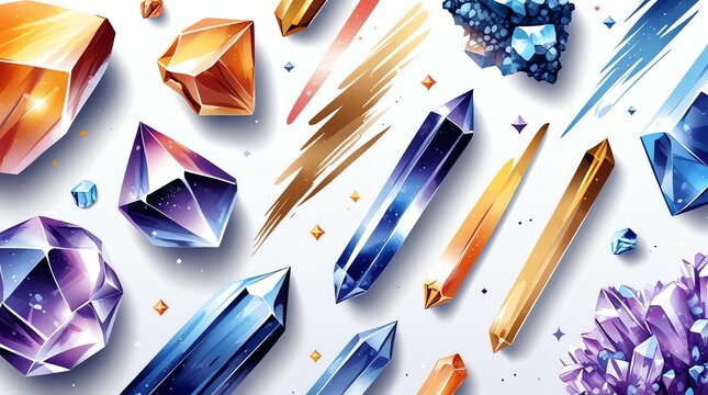 Colorful crystals and gemstones on a white background