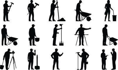 Construction workers silhouettes, builders with tools, people using wheelbarrows, workers with hammers, surveyors with tripods, road crew, site laborers, building team, engineers, manual workers