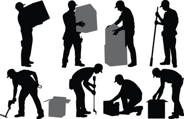 Worker silhouettes, people lifting boxes, movers carrying packages, delivery team, warehouse staff, loading crew, packaging workers, logistics staff, cargo handlers, freight team, shipping crew