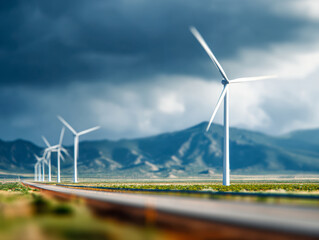Wind turbines lining a rural road with dramatic cloudy sky and mountain backdrop representing sustainable energy and green technology in open countryside