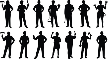Worker silhouettes, handyman tools, painter with roller, decorator, repairman, builder, technician, mechanic, craftsman, woman with tools