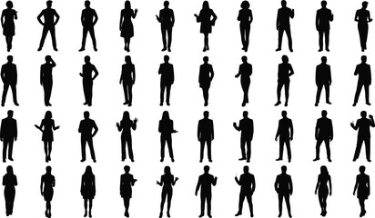 Business people, silhouettes, professionals, teamwork, standing, presentation, office staff, men and women, company team, success, communication, leadership