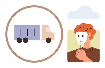 Human holding a mask symbolizing hidden identity next to truck in circular frame representing industry. Ideal for authenticity, transport, concealment, industry, identity, ethics, metaphor. Simple