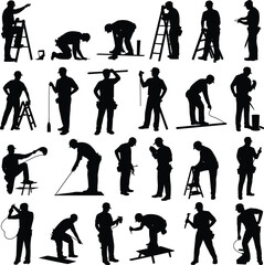 Obraz premium Construction workers silhouettes set, building, repair, engineering, manual labor, teamwork, men at work, industry, tools, craftsmanship, occupation, safety, skill, job, effort