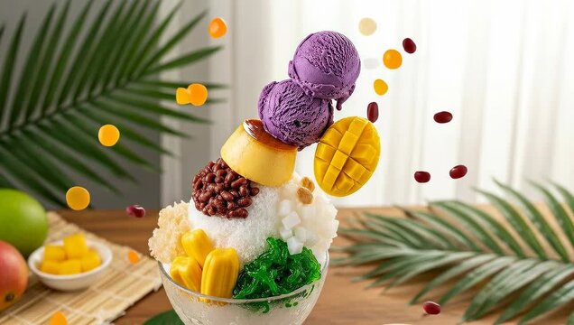 Dynamic Flying Ingredients Assembling a Filipino Halo Halo Dessert.