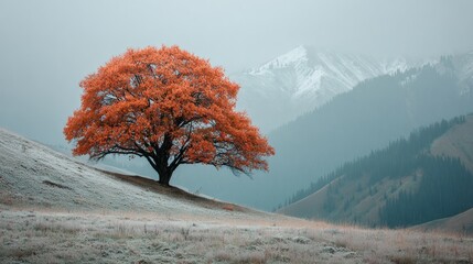 Mountain tree: a silent witness to autumn's farewell and winter's arrival. Real feeling. Vibrant autumn tree on a mountain, embraced by early winter's touch. Honest scene. Real life.