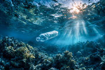 Underwater view of sunlight filtering through waves illuminating a plastic bottle contaminating vibrant coral reefs in a clear ocean environment