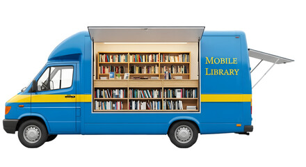 Mobile library truck showcasing a variety of books, parked in a vibrant urban environment