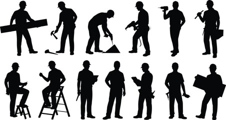 Construction workers silhouettes, builders and engineers with tools and plans, teamwork on building site, industrial labor, project development, architecture and craftsmanship illustration