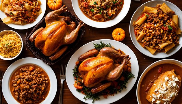 Overhead view of a festive dinner spread with multiple roasted chickens, various pasta dishes, and decorative pumpkins on a wooden table - Powered by Adobe