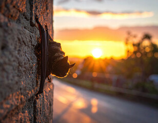 Bat hanging on stone wall at sunset with warm light and blurred background creating peaceful atmosphere
