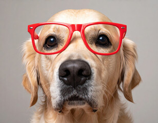 Golden retriever dog wearing red glasses looking curious and intelligent, close up portrait with soft background and warm lighting