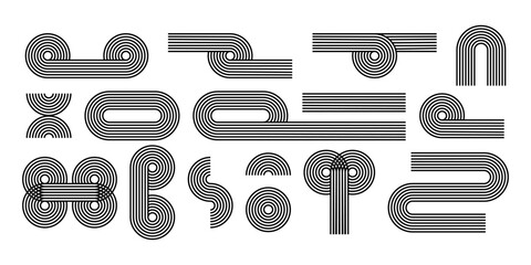 Set of geometric shapes with rainbow linear pattern. Arch, circle and looped path figures. Trendy forms in boho style. Minimalistic design elements for modern templates. Vector graphic illustration.