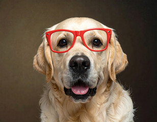 Golden retriever dog wearing red glasses with happy expression and tongue out, close up portrait with soft lighting and neutral background