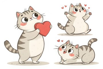 Obraz premium Cute cartoon cat characters expressing love with hearts in playful poses and joyful expressions