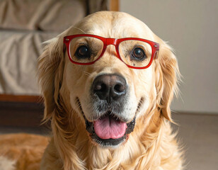 Golden retriever dog wearing red glasses with happy expression indoors close up portrait
