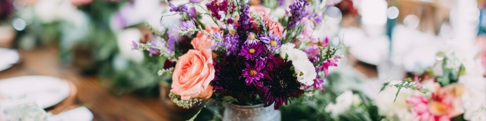 Elegant floral arrangement with roses and vibrant colors on a wooden surface