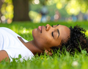 Woman grass outdoor relaxation peaceful nature lying closed eyes calm sunlight