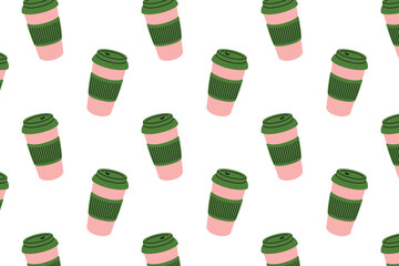 Pattern of thermos mugs. Isolated white background. Flat-style vector illustration