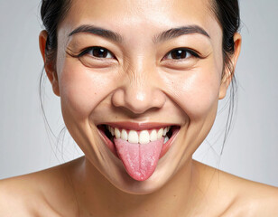 Smiling woman sticking out tongue close up portrait happy expression natural skin