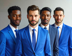 Four confident men in blue suit and tie standing together looking at camera with serious expression in studio