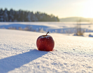 Red apple on snow with sunlight casting long shadow in winter landscape with forest background and clear sky