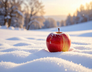 Red apple in snow with winter landscape background and soft sunlight creating peaceful and fresh atmosphere in cold season