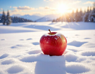 Red apple on fresh snow with sunlight shining in winter landscape, creating bright and peaceful atmosphere with soft snowflakes falling gently