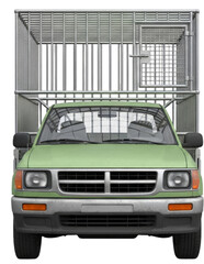Green vehicle with a large metal cage on top, parked in an urban setting, showcasing unique transport