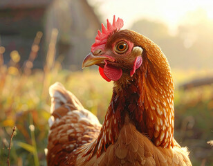 Close up chicken head with red comb and wattles in natural sunlight, detailed feathers and bright eye showing calm expression in outdoor farm setting