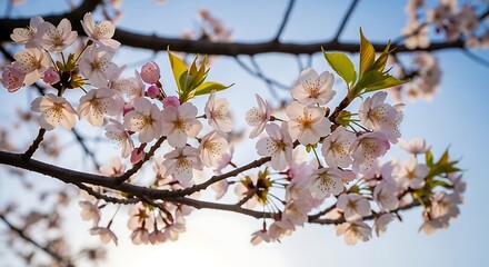 Closeup of delicate pink cherry blossoms blooming on a tree branch against a soft blue sky, capturing the essence of spring and natural beauty