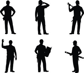 black construction worker silhouettes with tools and helmets, builder engineer architect poses, industrial labor and repair concept vector illustration on white background