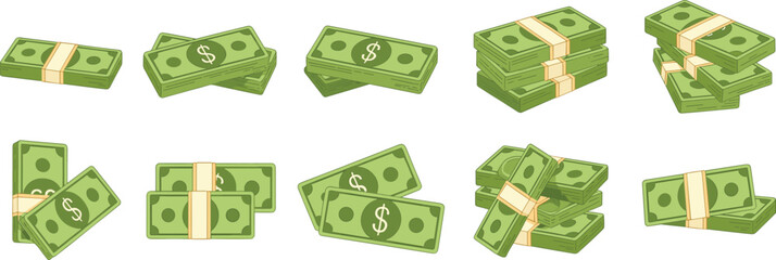 stacked dollar money bundles vector illustration, green cash pile icon set, business finance and wealth concept, isolated on white background design