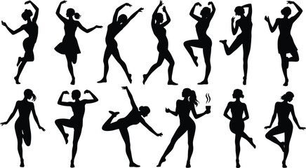 Silhouette people, dynamic poses, dancing movement, stretching body, expressive gestures, casual stance, holding cup, lifestyle activity, body language, fitness motion, modern illustration
