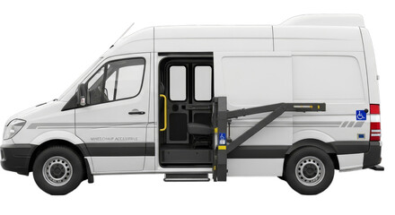 White van with wheelchair lift parked on urban street, showcasing accessibility features for users