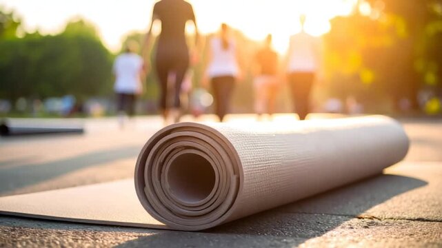Outdoor exercise mat rolled on pavement