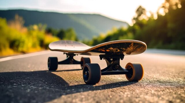 Skateboard on road with mountains background