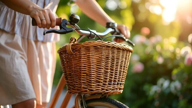 Woman riding bicycle in garden