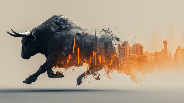 Dynamic illustration of a powerful bull merging with an urban cityscape and glowing financial charts symbolizing market growth and economic energy