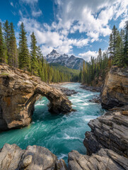 Fototapeta premium Scenic view of turquoise river flowing through rugged rocky canyon and lush pine forest under cloudy blue sky with snow-capped mountain peak in the background