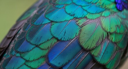 Closeup macro photograph of iridescent green and blue feathers of a bird, showcasing intricate details and vibrant colors in a beautiful natural pattern