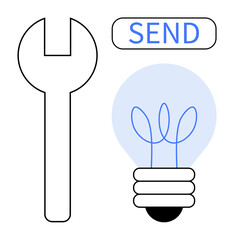 Wrench for tools, light bulb for ideas, send button for actions. Ideal for innovation, problem-solving, creativity, teamwork, efficiency communication modern projects. Simple flat metaphor