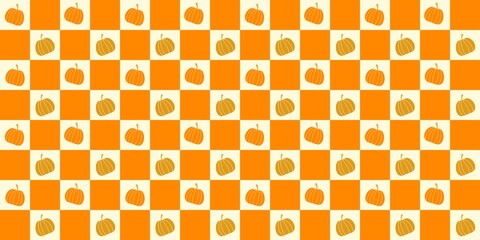 Pumpkin gingham seamless pattern with orange and cream squares. Cute autumn chessboard design perfect for fall decor, Thanksgiving, and seasonal crafts. Pumpkin checkered pattern background.