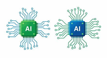 Two square AI chips with connected circuits one green and blue one blue and green on a white background
