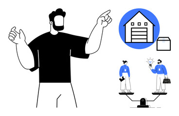 Leader pointing ahead, warehouse and box icon, equality scale with two professionals, lightbulb idea. Ideal for leadership, strategy, innovation, teamwork equity logistics decision-making. Simple