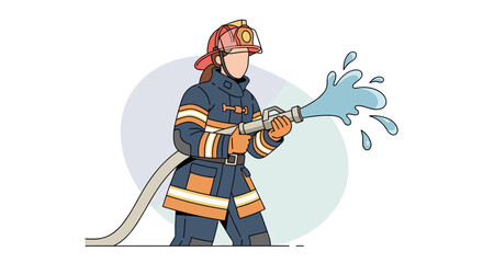 A courageous female firefighter in full protective gear actively sprays a powerful stream of water from a hose, symbolizing bravery and public service.