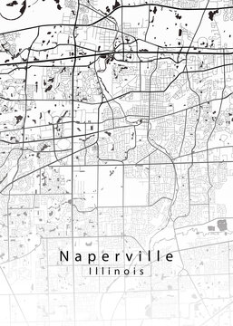 Minimalist white map of Naperville, Illinois &ndash; A modern map print highlighting infrastructure of the city, useful for tourism purposes